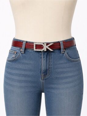 Donna Karan Burgundy Leather Belt with Crystal DK Buckle